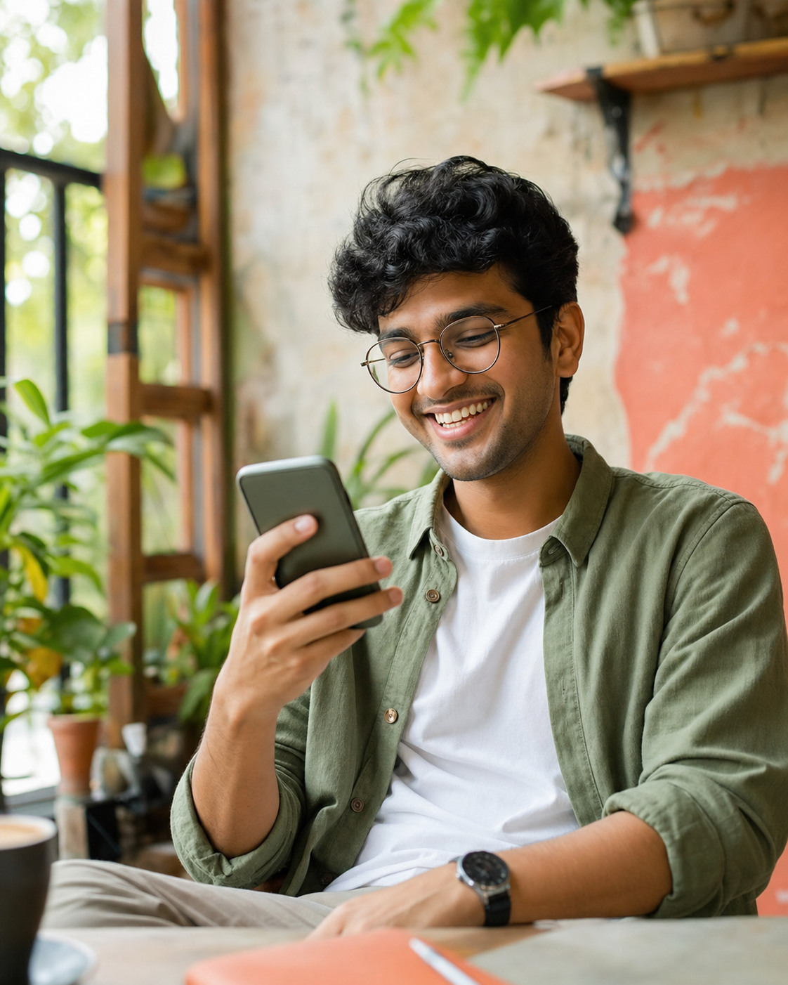 Young professional smiling while checking a smartphone